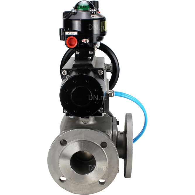 Кран шаровой BV3232P(4pc)-FP-3WL-F Ду100 Ру16 полнопроходной трехходовой, фланцевый, корпус - нержавеющая сталь SS316, с пневмоприводом PA-DA-105-1, пневмораспределителем 4V320-10 AC220V, БКВ APL-510N EX и БПВ AFC2000 в Алматы