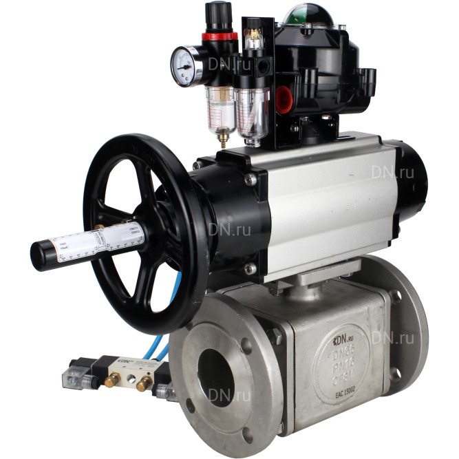 Кран шаровой BV3232P(4pc)-FP-3WL-F Ду100 Ру16 полнопроходной трехходовой, фланцевый, корпус - нержавеющая сталь SS316, с пневмоприводом PA-DA-105-1, пневмораспределителем 4V320-10 AC220V, БКВ APL-510N EX и БПВ AFC2000 в Алматы