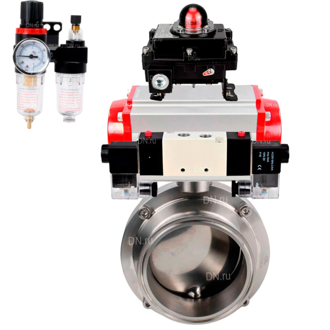 Затвор дисковый поворотный кламповый WBV3131S-2W-C-H Ду80 Ру10 корпус - пищевая нержавеющая сталь 304, уплотнение – Silicon, с пневмоприводом PA-DA-052, пневмораспределителем 4V320-08 AC220V, БКВ APL-410N EX и БПВ AFC2000 в Алматы