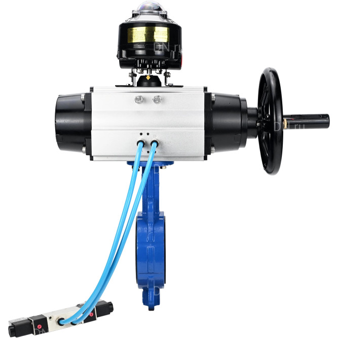 Затвор дисковый поворотный WBV1132N-2W-Fb-H Ду125 Ру16, корпус - чугун GG25, диск - нержавеющая сталь 316L, уплотнение - NBR, с пневмоприводом PA-DA-105-1 двойного действия, с пневмораспределителем 4V320-10 AC220V, с БКВ APL-510N-EX в Алматы
