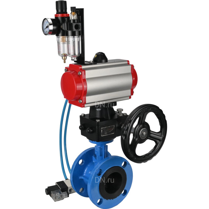 Затвор дисковый поворотный WBV1313E-2W-F-H Ду150 Ру16 фланцевый чугун GGG40, диск - чугун GGG40, EPDM, с пневмоприводом PA-DA-130, пневмораспределителем 4V320-10 AC220V, ручным дублером MON1-250-T26-ISO и БПВ AFC2000 в Алматы