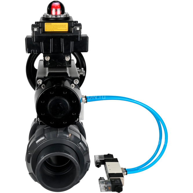 Кран шаровой BV4242E-FP-GRM-ISO Дн65 Ру10 полнопроходной, корпус - НПВХ, шар - НПВХ, уплотнение - EPDM, с пневмоприводом PA-DA-105-1, пневмораспределителем 4V320-08 AC220V и БКВ APL-410N EX в Алматы