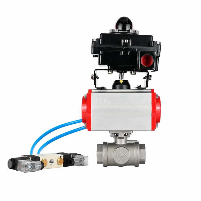 Кран шаровой BV3232P(4pc)-SP-3WT-T-ISO-H WDVF Ду25 Ру63 стандартнопроходной, 3-ходовой Т-тип, внутренняя резьба, нержавеющая сталь AISI 316, PTFE, с пневмоприводом PA-DA-065, пневмораспределителем 4V320-10 AC220V и БКВ APL-410N EX в Алматы