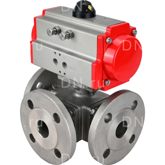 Кран шаровой BV3232P(4pc)-FP-3WL-F Ду15 Ру16 полнопроходной трехходовой, фланцевый, корпус - нержавеющая сталь SS316, с пневмоприводом PA-DA-052 двойного действия в Алматы
