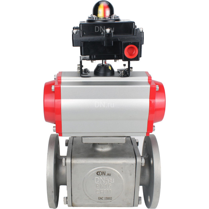 Кран шаровой BV3232P(4pc)-FP-3WL-F Ду100 Ру16 полнопроходной трехходовой, фланцевый, корпус - нержавеющая сталь SS316, с пневмоприводом PA-DA-105 двойного действия и БКВ APL-410N EX в Алматы