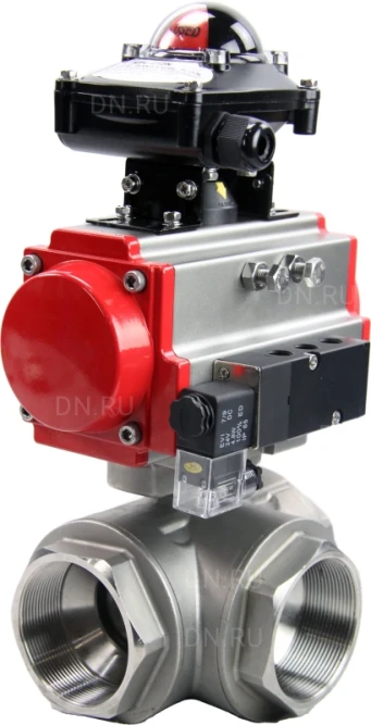 Кран шаровой BV3232P(4pc)-SP-3WL-T-ISO-H Ду65 Ру40 стандартнопроходной трехходовой L-тип, нерж. сталь SS316, внутренняя резьба, уплотнение - PTFE, пн.приводом PA-SA-105, пн.распределителем 4M310-08 AC220V и БКВ APL-210N в Алматы