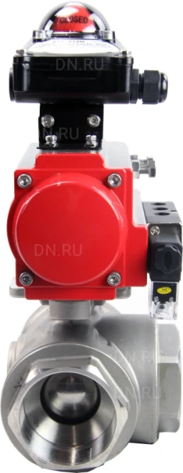 Кран шаровой BV3232P(4pc)-SP-3WL-T-ISO-H Ду65 Ру40 стандартнопроходной трехходовой L-тип, нерж. сталь SS316, внутренняя резьба, уплотнение - PTFE, пн.приводом PA-SA-105, пн.распределителем 4M310-08 AC220V и БКВ APL-210N в Алматы