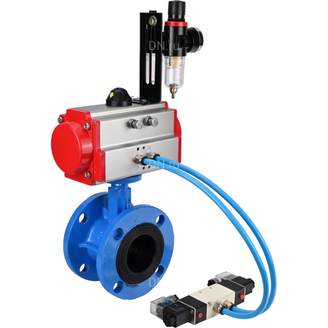 Затвор дисковый поворотный WBV1313E-2W-F-H Ду50 Ру16 фланцевый, корпус - чугун GGG40, диск - чугун GGG40, уплотнение - EPDM, с пневмоприводом PA-DA-105, пневмораспределителем 4V320-08 AC220V и БПВ AFC2000 в Алматы