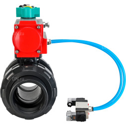 Кран шаровой BV4242E-FP-GRM-ISO Дн65 Ру10 полнопроходной, корпус - НПВХ, шар - НПВХ, уплотнение - EPDM, с пневмоприводом PA-DA-065, пневмораспределителем 4V320-10 AC220V и магнитным переключателем ALS200D