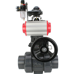 Кран шаровой BV4242E-FP-GRM-ISO Дн80 Ру10 полнопроходной, корпус - НПВХ, шар - НПВХ, уплотнение - EPDM, с пневмоприводом PA-DA-065, пневмораспределителем 4V320-08 AC220V, ручным дублером MON1-250-T26-ISO, БКВ APL-210N и БПВ AFC2000