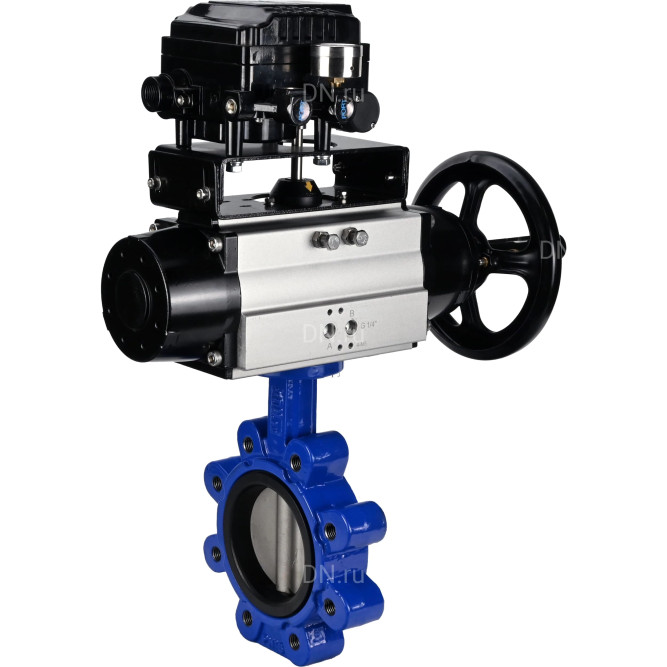 Затвор дисковый поворотный WBV1631E-2W-Fb-H Ду125 Ру16 LUG корпус - чугун QT450, диск - нержавеющая сталь 304, уплотнение - EPDM, с пневмоприводом PA-DA-105-1 и позиционером YT-1000RSN без обратной связи в Алматы