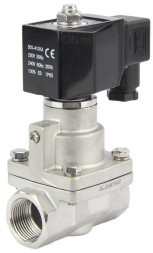 Клапан электромагнитный VS1031-PT-NC-220VAC 3/4″ Ду20 Ру16 соленоидный двухходовой поршневой, резьбовой, корпус - нержавеющая сталь AISI 304, уплотнение - PTFE, пилотного действия, нормально закрытый, катушка - 220В AC