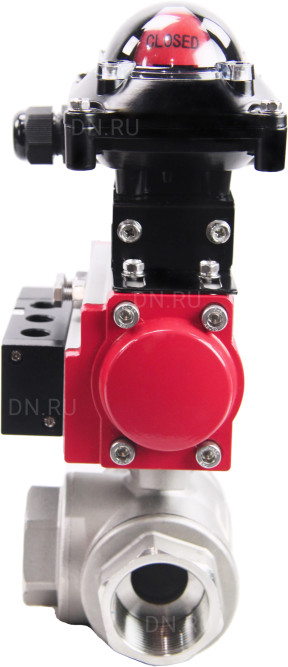 Кран шаровой BV3232P(4pc)-SP-3WL-T-ISO-H Ду32 Ру63 стандартнопроходной трехходовой L-тип, нерж. сталь SS316, внутренняя резьба, уплотнение - PTFE, пн.приводом PA-DA-052, пн.распределителем 4M310-08 DC24V и БКВ APL-210N в Алматы