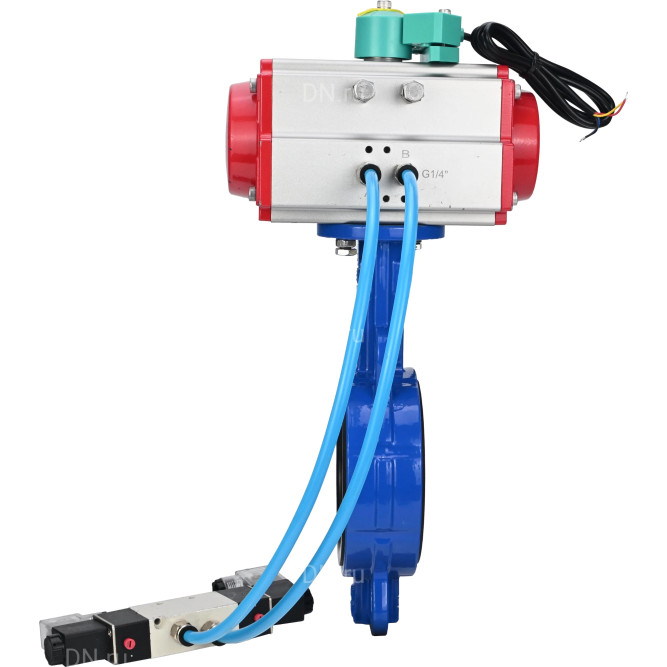 Затвор дисковый поворотный WBV1432N-2W-Fb-H Ду50 Ру16 корпус - чугун GGG50, диск - нержавеющая сталь 316L, уплотнение - NBR, с пневмоприводом PA-SA-083, пневмораспределителем 4V320-10 AC220V и магнитным переключателем ALS200D в Алматы