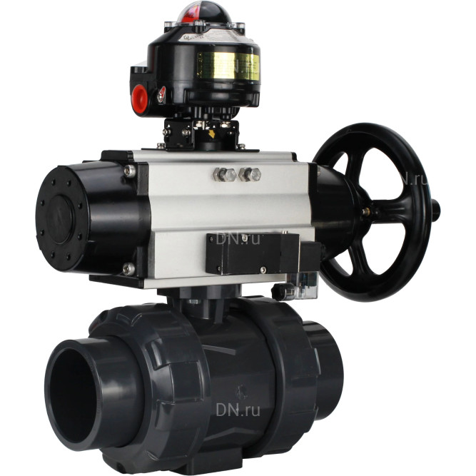 Кран шаровой BV4242E-FP-GRM-ISO Дн65 Ру10 полнопроходной, корпус - НПВХ, шар - НПВХ, уплотнение - EPDM, с пневмоприводом PA-DA-105-1, пневмораспределителем 4M310-08 DC24V и БКВ APL-510N EX в Алматы