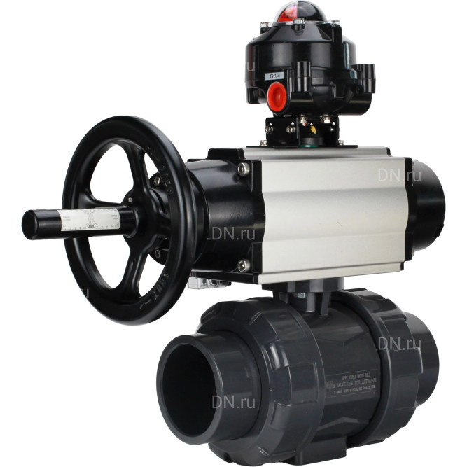 Кран шаровой BV4242E-FP-GRM-ISO Дн65 Ру10 полнопроходной, корпус - НПВХ, шар - НПВХ, уплотнение - EPDM, с пневмоприводом PA-DA-105-1, пневмораспределителем 4M310-08 DC24V и БКВ APL-510N EX в Алматы