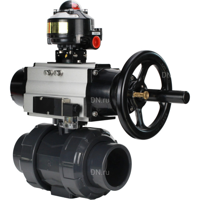 Кран шаровой BV4242E-FP-GRM-ISO Дн65 Ру10 полнопроходной, корпус - НПВХ, шар - НПВХ, уплотнение - EPDM, с пневмоприводом PA-DA-105-1, пневмораспределителем 4M310-08 DC24V и БКВ APL-510N EX в Алматы