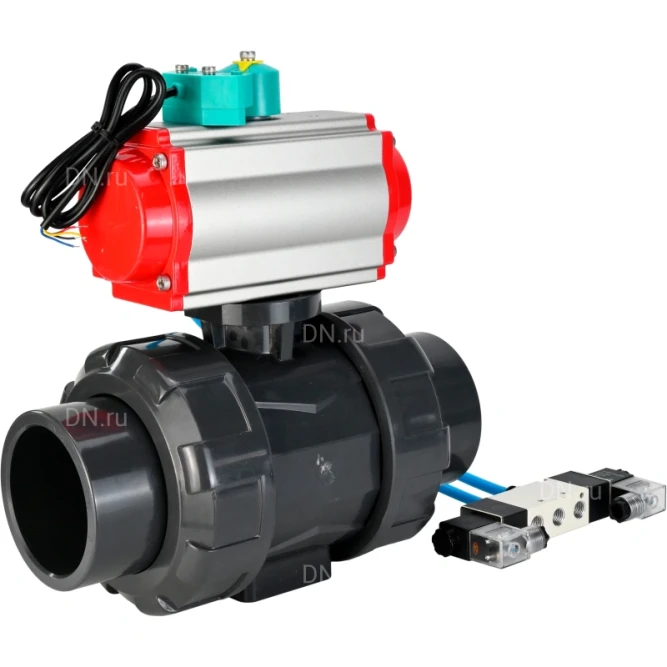 Кран шаровой BV4242E-FP-GRM-ISO Дн80 Ру10 полнопроходной, корпус - НПВХ, шар - НПВХ, уплотнение - EPDM, с пневмоприводом PA-DA-065, пневмораспределителем 4V320-10 AC220V и магнитным переключателем ALS200D в Алматы