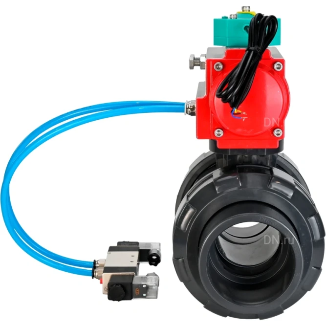 Кран шаровой BV4242E-FP-GRM-ISO Дн80 Ру10 полнопроходной, корпус - НПВХ, шар - НПВХ, уплотнение - EPDM, с пневмоприводом PA-DA-065, пневмораспределителем 4V320-10 AC220V и магнитным переключателем ALS200D в Алматы
