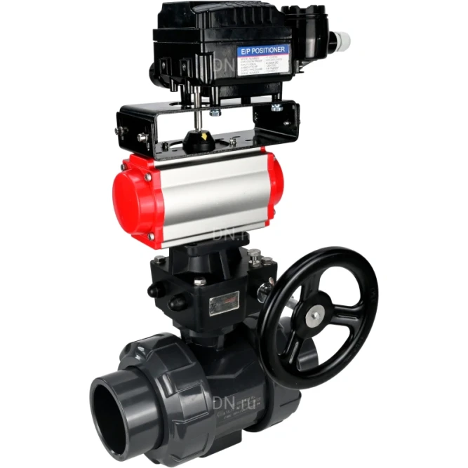 Кран шаровой BV4242E-FP-GRM-ISO Дн15 Ру10 полнопроходной, корпус - НПВХ, шар - НПВХ, уплотнение - EPDM, с пневмоприводом PA-DA-052, ручным дублером MON1-250-T26-ISO и пневмопозиционером YT-1000RSN без обратной связи в Алматы