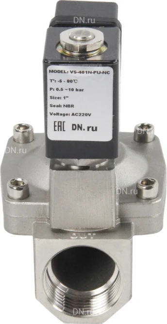 Клапан электромагнитный VS431-ET-NC-24VAC 1″ Ду25 Ру16 пилотного действия двухходовой, корпус - сталь нержавеющая 304, присоединение - внутренняя резьба, уплотнение - EPDM, нормально-закрытый, катушка - 24В AC в Алматы