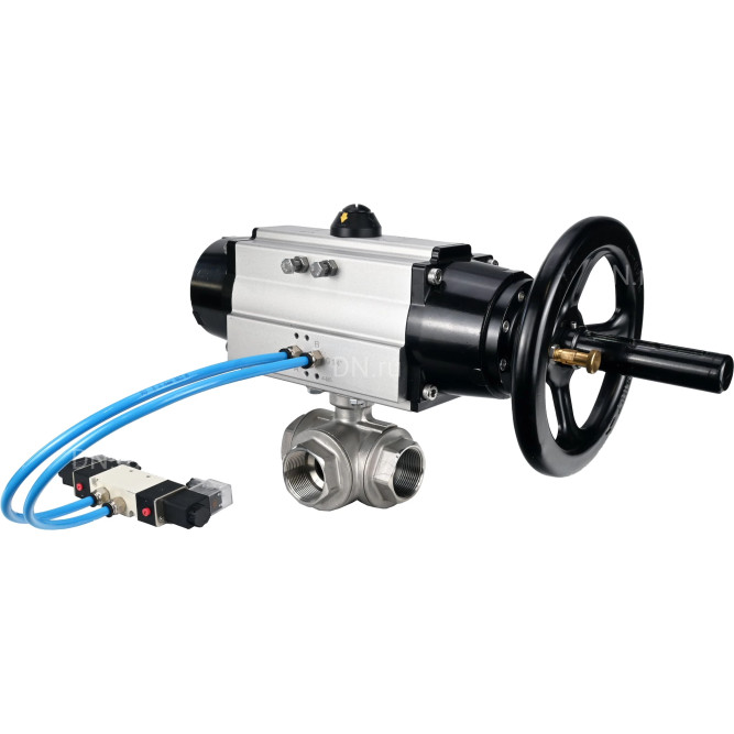 Кран шаровой BV3232P(4pc)-SP-3WL-T-ISO-H Ду80 Ру40, стандартнопроходной, четырехсоставной, корпус - нержавеющая сталь 316, PTFE, внутренняя резьба, с пневмоприводом PA-DA-105-1 двойного действия, пневмораспределителем 4V320-10 AC220V в Алматы