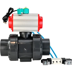 Кран шаровой BV4242E-FP-GRM-ISO Дн100 Ру10 полнопроходной, корпус - НПВХ, шар - НПВХ, уплотнение - EPDM, с пневмоприводом PA-DA-065, пневмораспределителем 4V320-10 AC220V и магнитным переключателем ALS200D