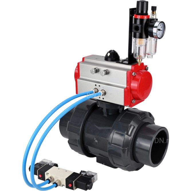 Кран шаровой BV4242E-FP-GRM-ISO Дн65 Ру10 полнопроходной, корпус - НПВХ, шар - НПВХ, уплотнение - EPDM, с пневмоприводом PA-SA-065, пневмораспределителем 4V320-08 AC220V и БПВ AFC2000 в Алматы