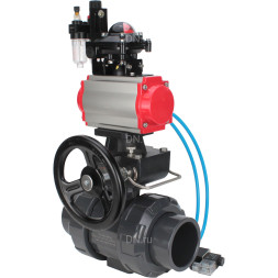Кран шаровой BV4242E-FP-GRM-ISO Дн15 Ру10 полнопроходной, корпус - НПВХ, шар - НПВХ, уплотнение - EPDM, с пневмоприводом PA-DA-052, пневмораспределителем 4V320-10 AC220V, ручным дублером MON1-250-T26-ISO, БКВ APL-210N и БПВ AFC2000