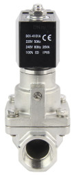 Клапан электромагнитный VS1031-PT-NC-220VAC 1 1/4″ Ду32 Ру12 соленоидный двухходовой поршневой, резьбовой, корпус - нержавеющая сталь AISI 304, уплотнение - PTFE, пилотного действия, нормально закрытый, катушка - 220В AC