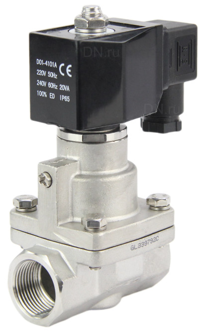Клапан электромагнитный VS1031-PT-NC-220VAC 1 1/4″ Ду32 Ру12 соленоидный двухходовой поршневой, резьбовой, корпус - нержавеющая сталь AISI 304, уплотнение - PTFE, пилотного действия, нормально закрытый, катушка - 220В AC в Алматы