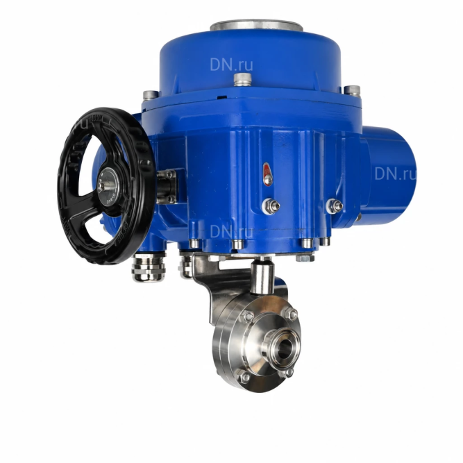 Затвор дисковый поворотный WBV3131E-2W-C-H Ду32 Ру10 кламповый, корпус - пищевая нержавеющая сталь 304, уплотнение - EPDM, с электроприводом QT-N-005M-O2-220VAC-У1 с моментной муфтой и штурвалом в Алматы