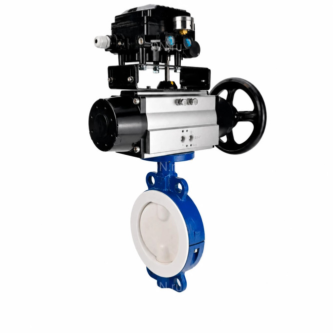 Затвор дисковый поворотный WBV3434Pf-2W-Fb-R Ду200 Ру16, корпус - углеродистая сталь WCB, диск - углеродистая сталь WCB, футерованный PTFE, уплотнение - PTFE, с пневмоприводом PA-DA-105-1 и позиционером YT-1000RSN без обратной связи в Алматы