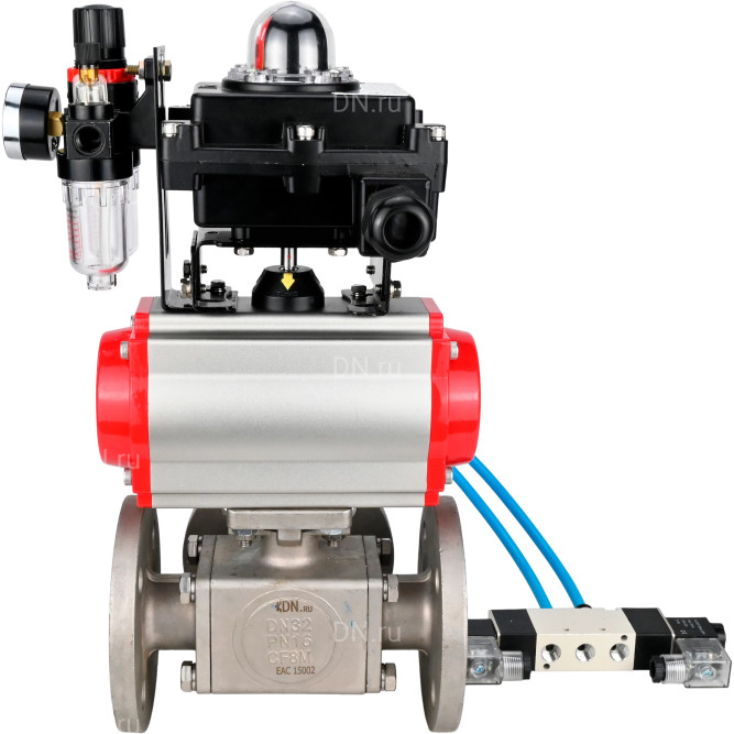 Кран шаровой BV3232P(4pc)-FP-3WL-F Ду25 Ру16 полнопроходной трехходовой, фланцевый, корпус - нержавеющая сталь SS316, с пневмоприводом PA-DA-052 двойного действия, пневмораспределителем 4V320-08 AC220V, БКВ APL-410N EX и БПВ AFC2000 в Алматы