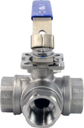 Кран шаровой BV3232P(4pc)-SP-3WL-T-ISO-H Ду25 Ру63, 3-ходовой L-тип стандартнопроходной, внутренняя резьба, уплотнение - PTFE, материал корпуса - нержавеющая сталь SS316 с ISO фланцем и рукояткой