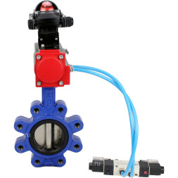 Затвор дисковый поворотный WBV1616E-2W-Fb-H Ду80 Ру16 LUG корпус - чугун QT450, диск - чугун QT450, уплотнение - EPDM, с пневмоприводом PA-DA-083, пневмораспределителем 4V320-08 AC220V и БКВ APL-210N