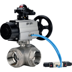 Кран шаровой BV3232P(4pc)-SP-3WL-T-ISO-H Ду80 Ру40, стандартнопроходной, четырехсоставной, корпус - нержавеющая сталь 316, уплотнение - PTFE, внутренняя резьба, с пневмоприводом PA-DA-105-1, пневмораспределителем 4V320-08 AC220V, БКВ APL-210N