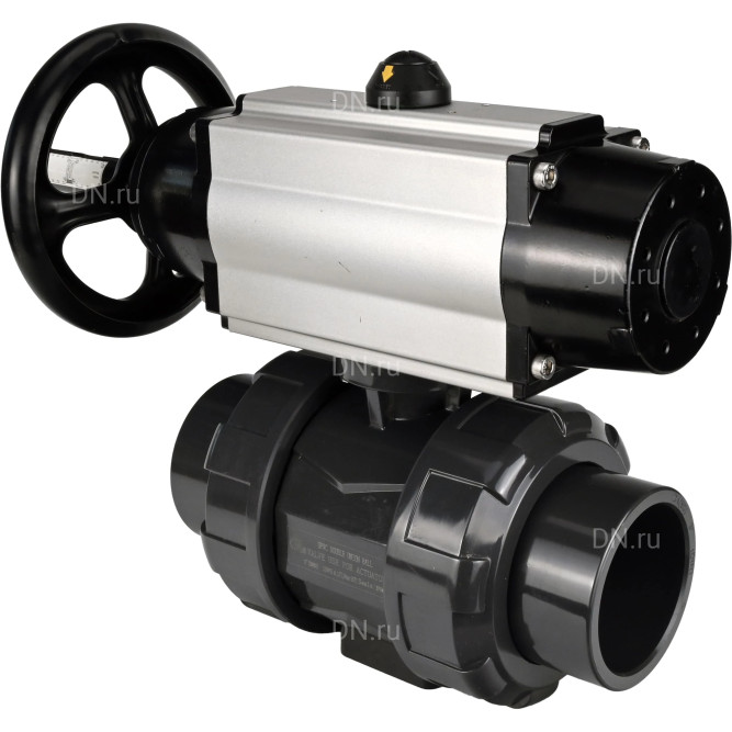 Кран шаровой BV4242E-FP-GRM-ISO Дн15 Ру10 полнопроходной, корпус - НПВХ, шар - НПВХ, уплотнение - EPDM, с пневмоприводом PA-DA-105-1 двойного действия со штурвалом в Алматы