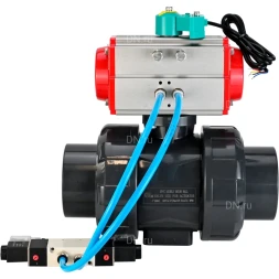 Кран шаровой BV4242E-FP-GRM-ISO Дн20 Ру10 полнопроходной, корпус - НПВХ, шар - НПВХ, уплотнение - EPDM, с пневмоприводом PA-SA-052, пневмораспределителем 4V320-10 AC220V и магнитным переключателем ALS200D