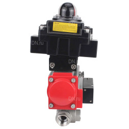 Кран шаровой BV3232P(4pc)-SP-3WL-T-ISO-H Ду32 Ру63 стандартнопроходной трехходовой L-тип, нержавеющая сталь SS316, внутренняя резьба, PTFE, пн.приводом PA-DA-052, пн.распределителем 4M310-08 AC220V и БКВ APL-410N EX