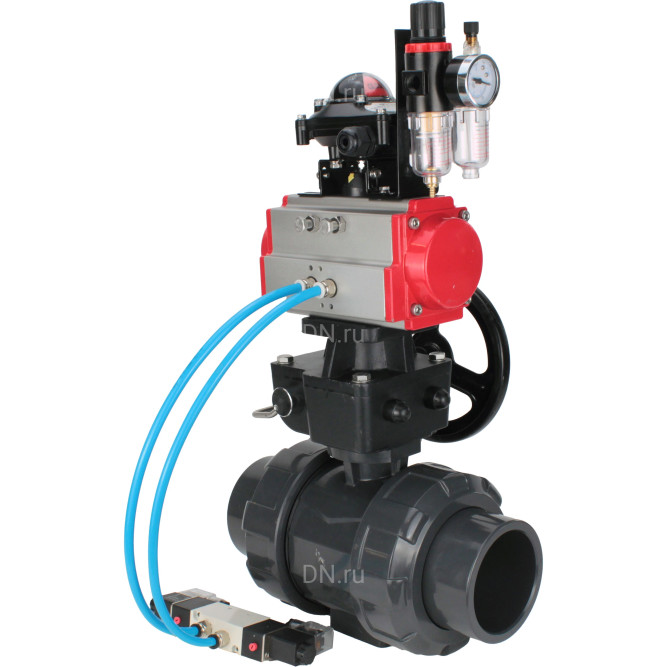 Кран шаровой BV4242E-FP-GRM-ISO Дн25 Ру10 полнопроходной, корпус - НПВХ, шар - НПВХ, уплотнение - EPDM, с пневмоприводом PA-DA-052, пневмораспределителем 4V320-10 AC220V, ручным дублером MON1-250-T26-ISO, БКВ APL-210N и БПВ AFC2000 в Алматы