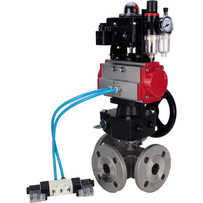 Кран шаровой BV3232P(4pc)-FP-3WL-F Ду100 Ру16 полнопроходной трехходовой, фланцевый, нержав.сталь SS316, с пневмоприводом PA-DA-105, пневмораспределителем 4V320-10 AC220V, БКВ APL-410N EX, ручным дублером MON3-700-T38-ISO и БПВ AFC2000 в Алматы