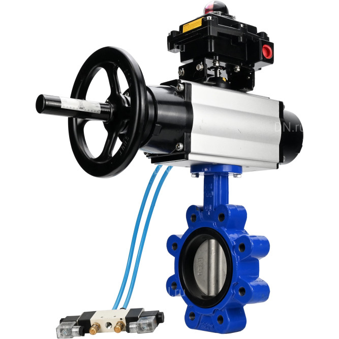 Затвор дисковый поворотный WBV1631E-2W-Fb-H Ду125 Ру16 LUG корпус - чугун QT450, диск - нержавеющая сталь 304, уплотнение - EPDM, с пневмоприводом PA-DA-105-1, пневмораспределителем 4V320-08 AC220V и БКВ APL-410N EX в Алматы