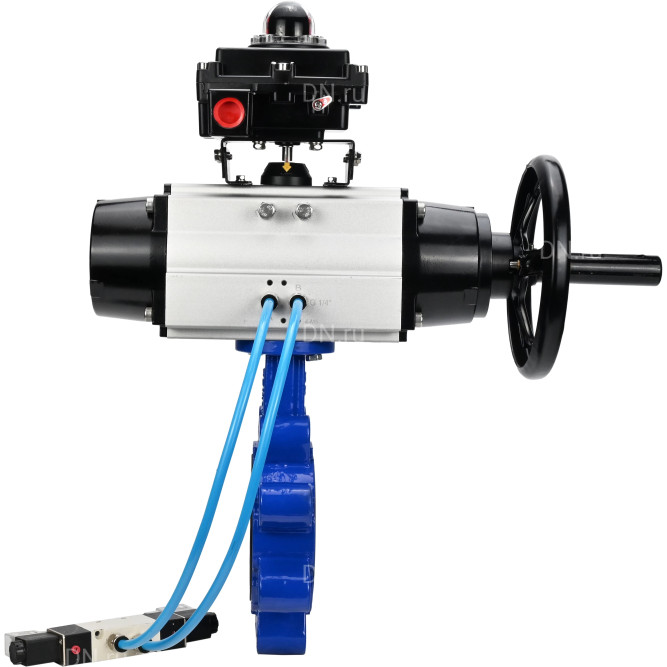 Затвор дисковый поворотный WBV1631E-2W-Fb-H Ду125 Ру16 LUG корпус - чугун QT450, диск - нержавеющая сталь 304, уплотнение - EPDM, с пневмоприводом PA-DA-105-1, пневмораспределителем 4V320-08 AC220V и БКВ APL-410N EX в Алматы