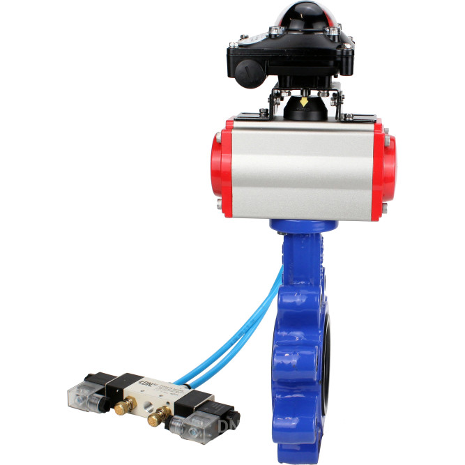 Затвор дисковый поворотный WBV1616E-2W-Fb-H Ду100 Ру16 LUG корпус - чугун QT450, диск - чугун QT450, уплотнение - EPDM, с пневмоприводом PA-DA-083, пневмораспределителем 4V320-08 AC220V и БКВ APL-210N в Алматы