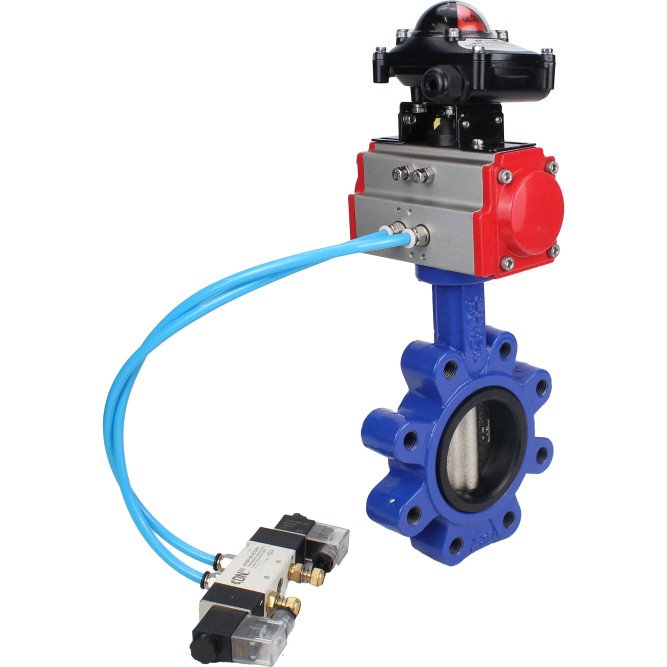 Затвор дисковый поворотный WBV1616E-2W-Fb-H Ду100 Ру16 LUG корпус - чугун QT450, диск - чугун QT450, уплотнение - EPDM, с пневмоприводом PA-DA-083, пневмораспределителем 4V320-08 AC220V и БКВ APL-210N в Алматы