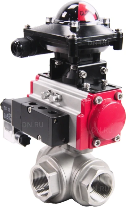 Кран шаровой BV3232P(4pc)-SP-3WL-T-ISO-H Ду32 Ру63 стандартнопроходной трехходовой L-тип, нерж. сталь SS316, внутренняя резьба, уплотнение - PTFE, пн.приводом PA-SA-065, пн.распределителем 4M310-08 DC24V и БКВ APL-210N в Алматы