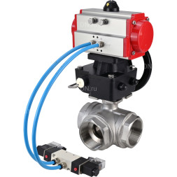 Кран шаровой BV3232P(4pc)-SP-3WL-T-ISO-H Ду20 Ру63, стандартнопроходной, четырехсоставной, нержавеющая сталь 316, PTFE, внутренняя резьба, с пневмоприводом PA-DA-052, пневмораспределителем 4V320-08 AC220V, ручным дублером MON1-250-T26-ISO