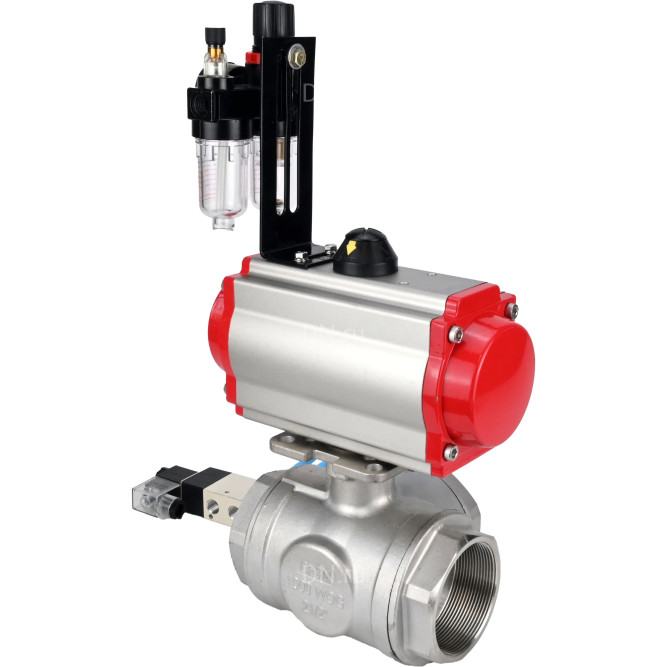 Кран шаровой BV3232P(4pc)-SP-3WL-T-ISO-H Ду20 Ру63, стандартнопроходной, четырехсоставной, корпус - нержавеющая сталь 316, уплотнение - PTFE, внутренняя резьба, с пневмоприводом PA-SA-052, пневмораспределителем 4V320-10 AC220V, БПВ AFC2000 в Алматы