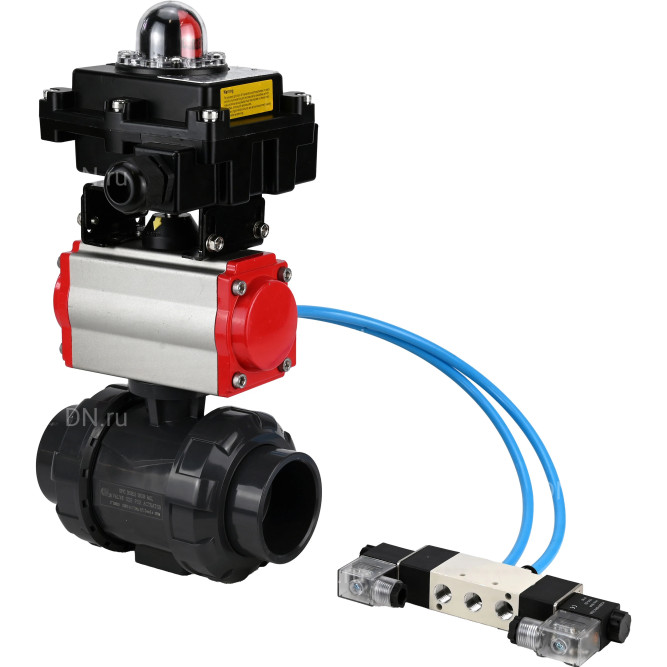 Кран шаровой BV4242E-FP-GRM-ISO Дн32 Ру10 полнопроходной, корпус - НПВХ, шар - НПВХ, уплотнение - EPDM, с пневмоприводом PA-DA-052, пневмораспределителем 4V320-10 AC220V и БКВ APL-410N EX в Алматы